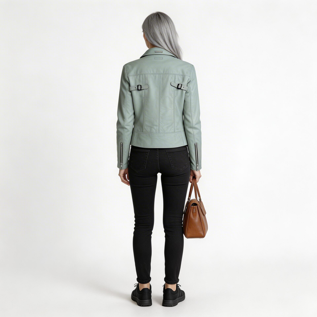 Ladies light green leather jacket.