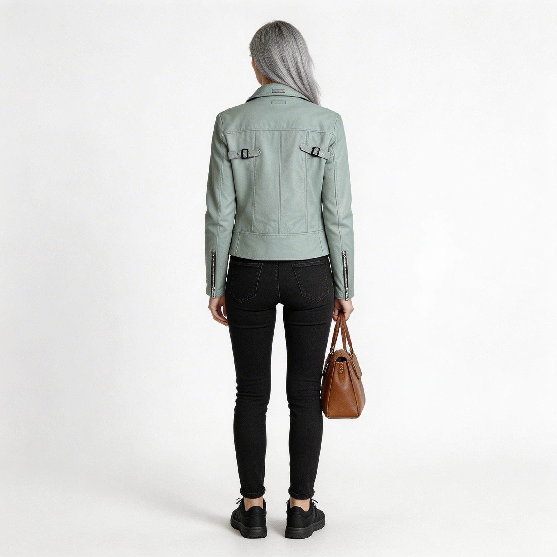 Ladies light green leather jacket.