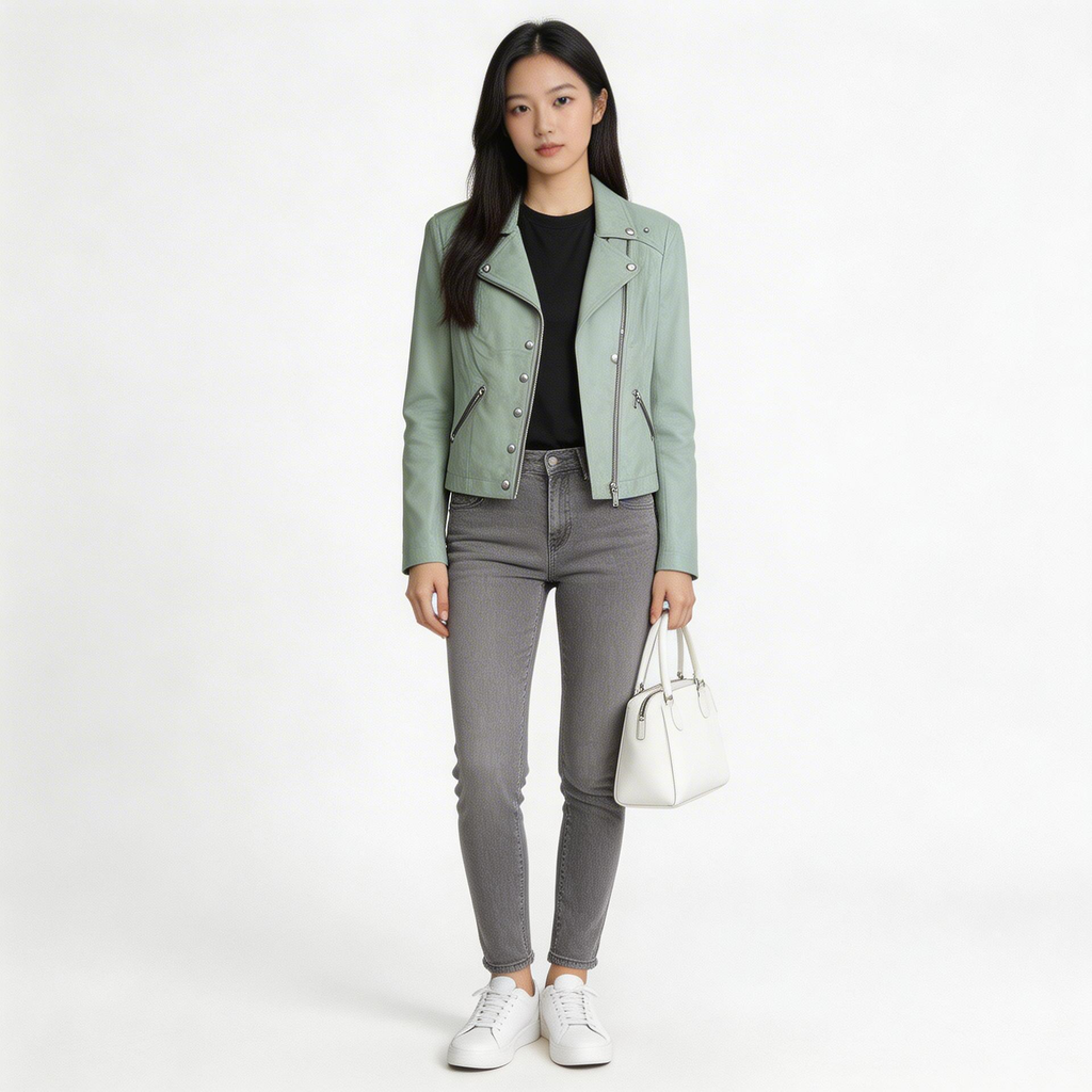 Ladies light green leather jacket.