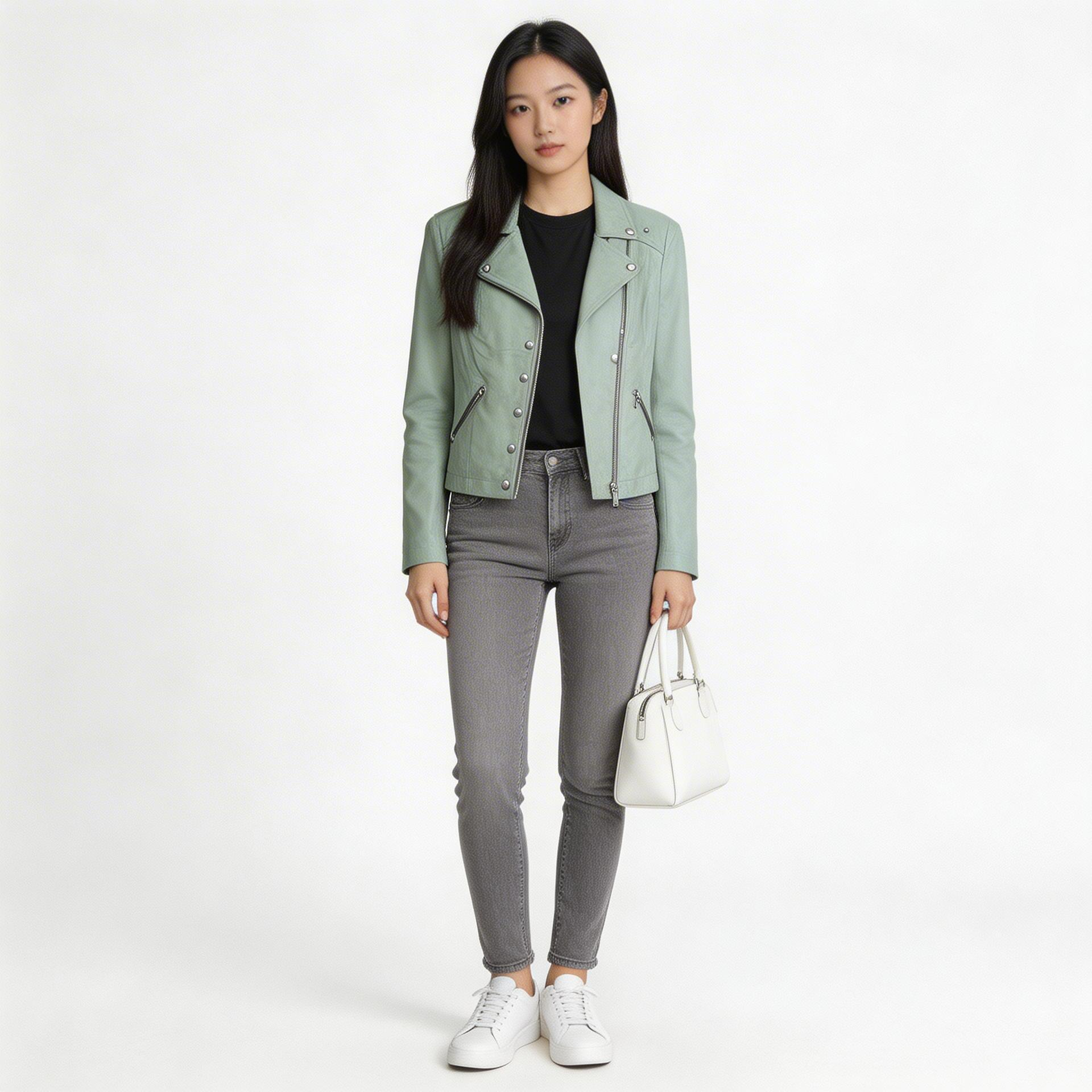 Ladies light green leather jacket.