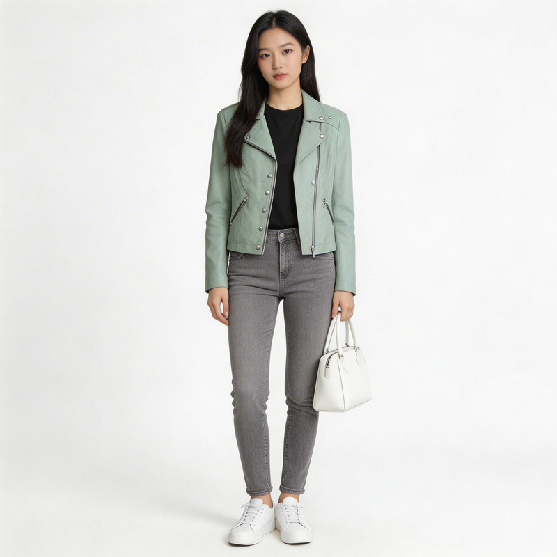 Ladies light green leather jacket.