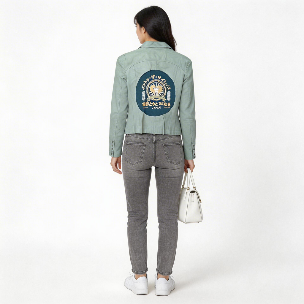 Ladies light green leather jacket.
