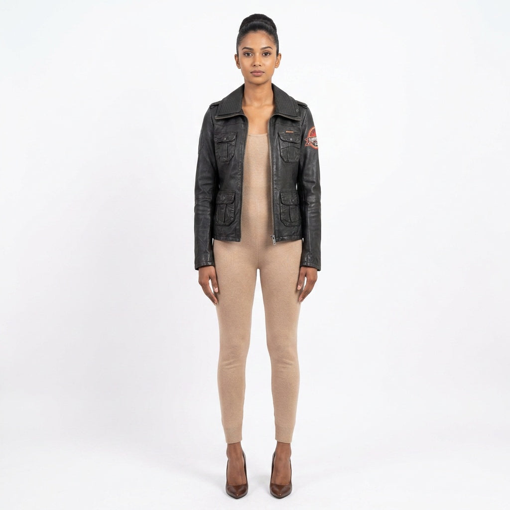Ladies dark brown leather jacket.