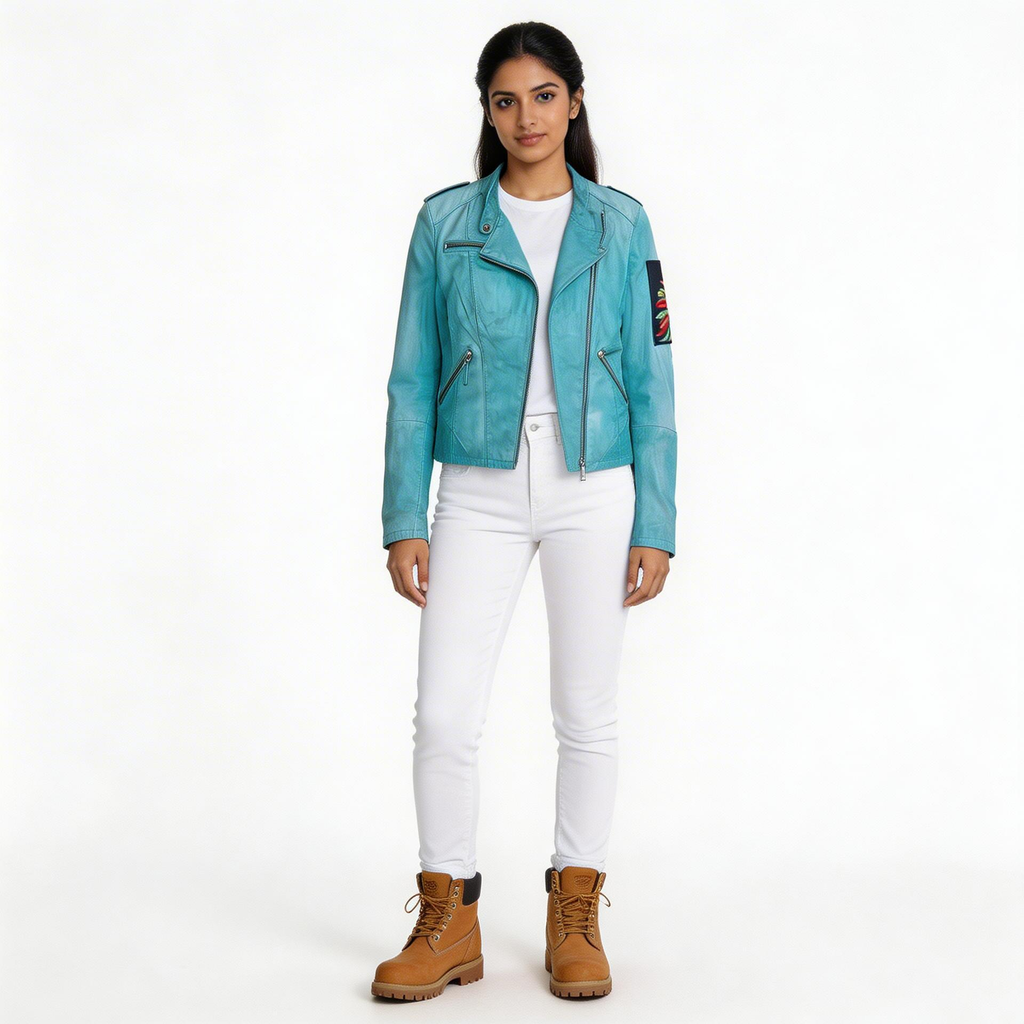 Ladies blue leather jacket.