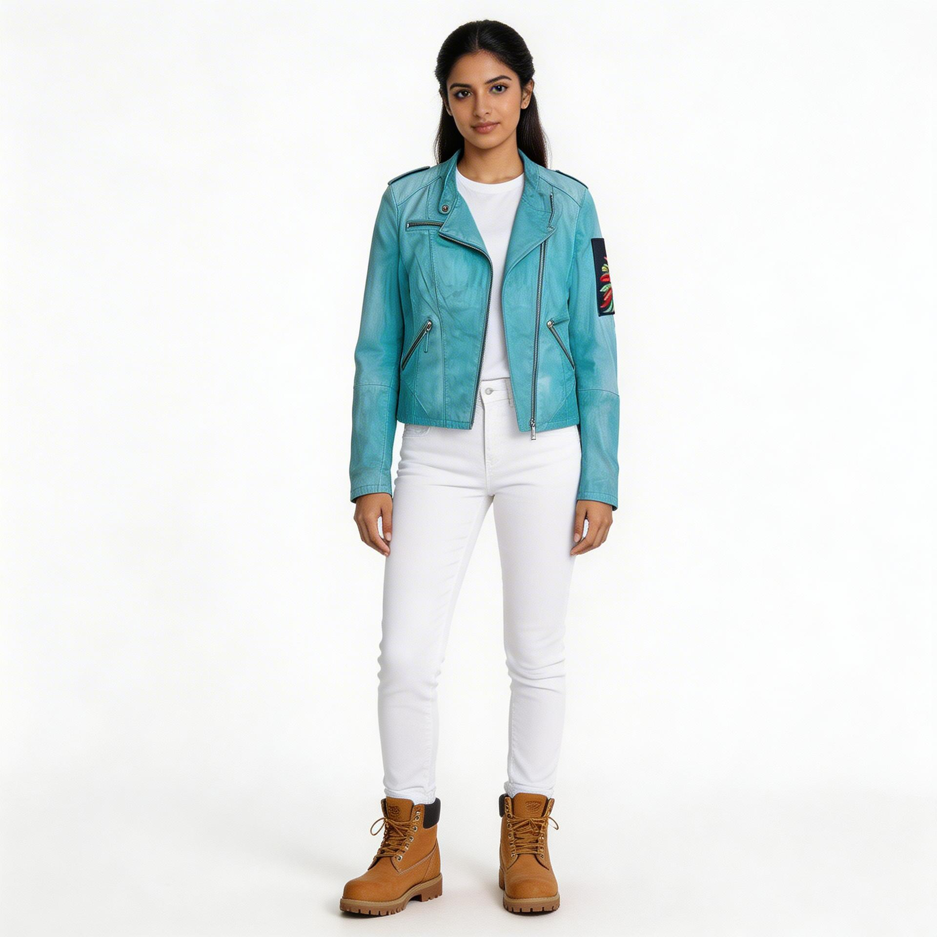 Ladies blue leather jacket.