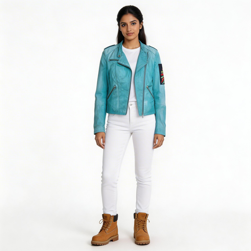 Ladies blue leather jacket.