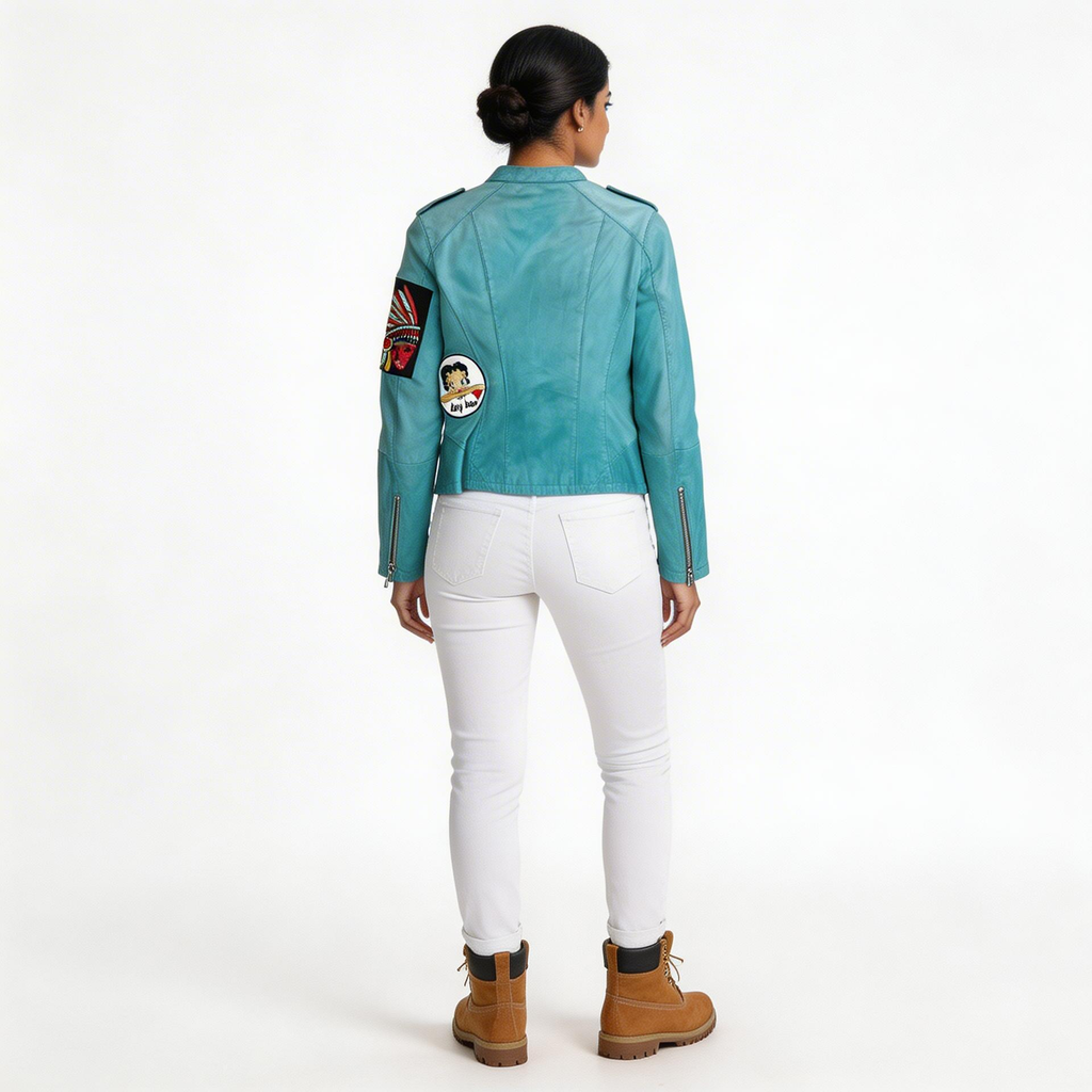 Ladies blue leather jacket.