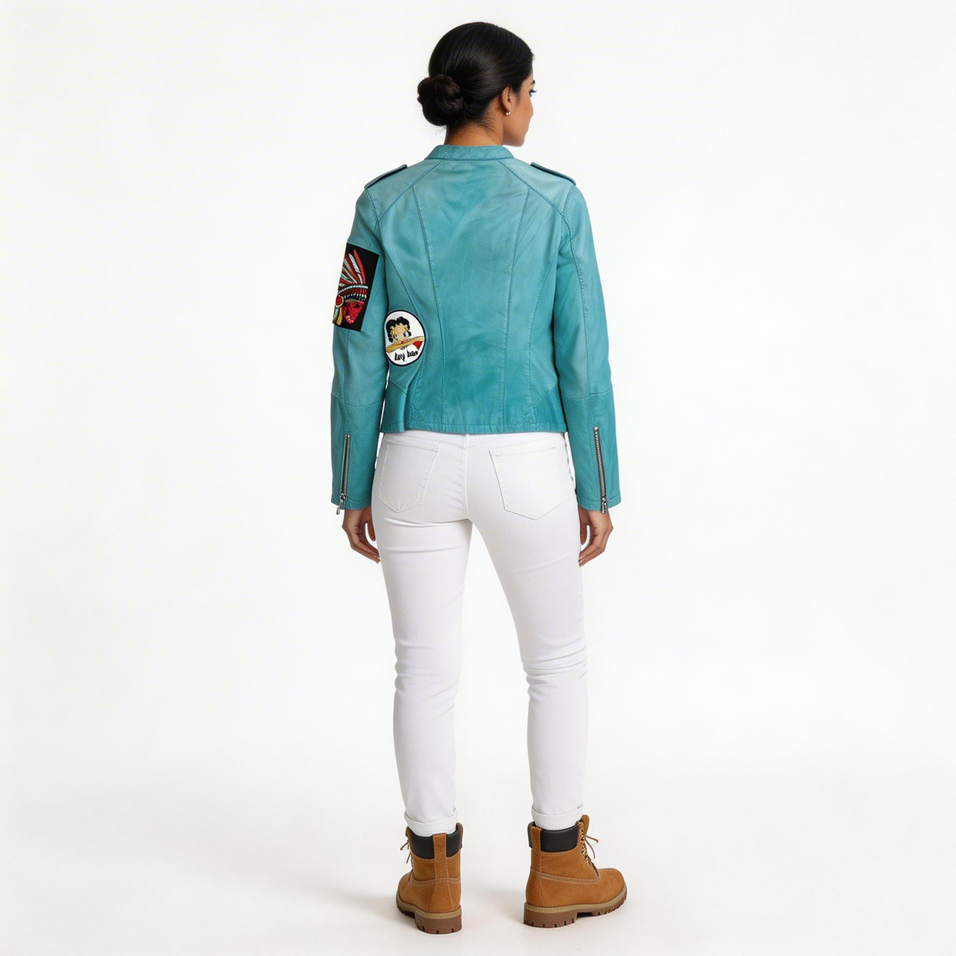 Ladies blue leather jacket.