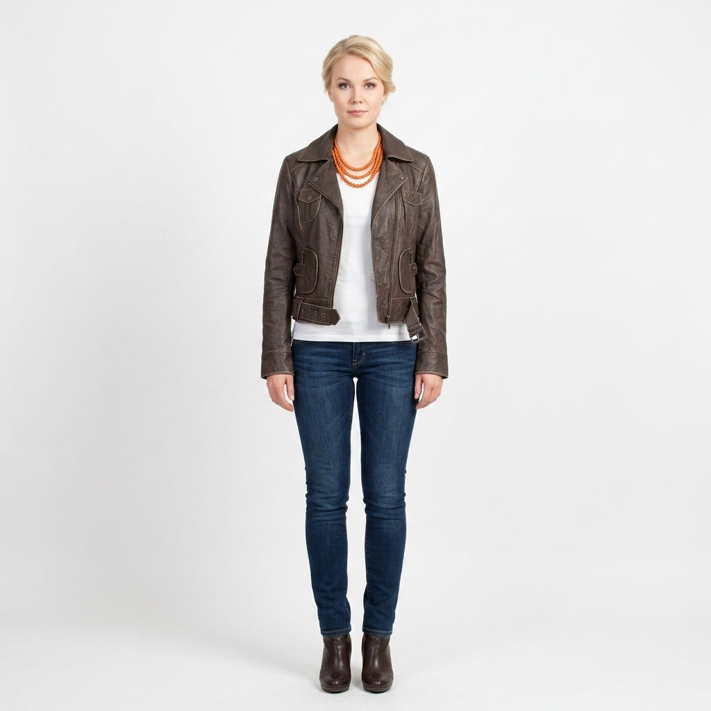 Ladies brown leather jacket.