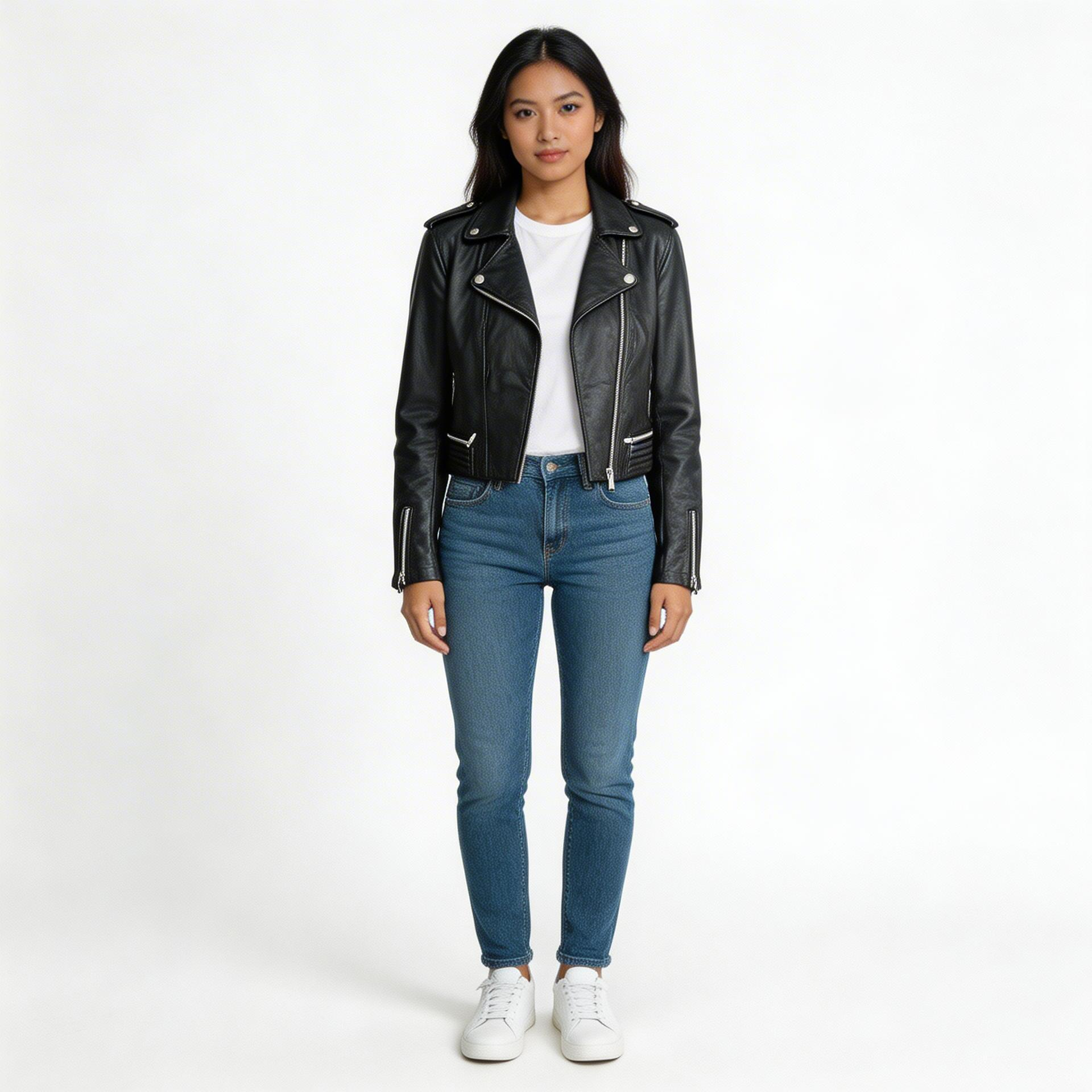 Ladies black calf leather jacket.