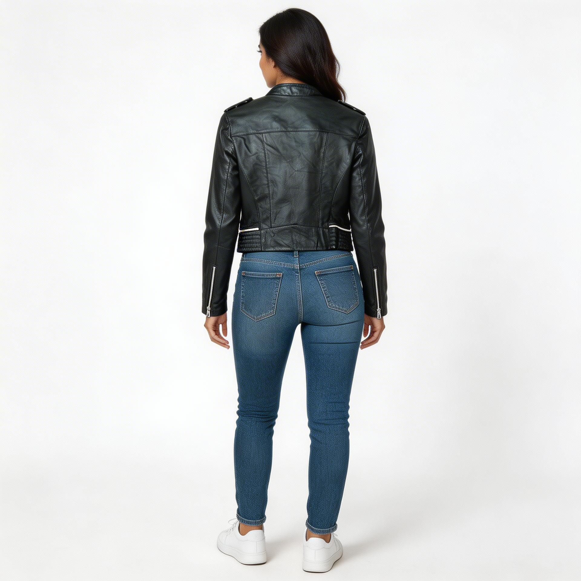 Ladies black calf leather jacket.