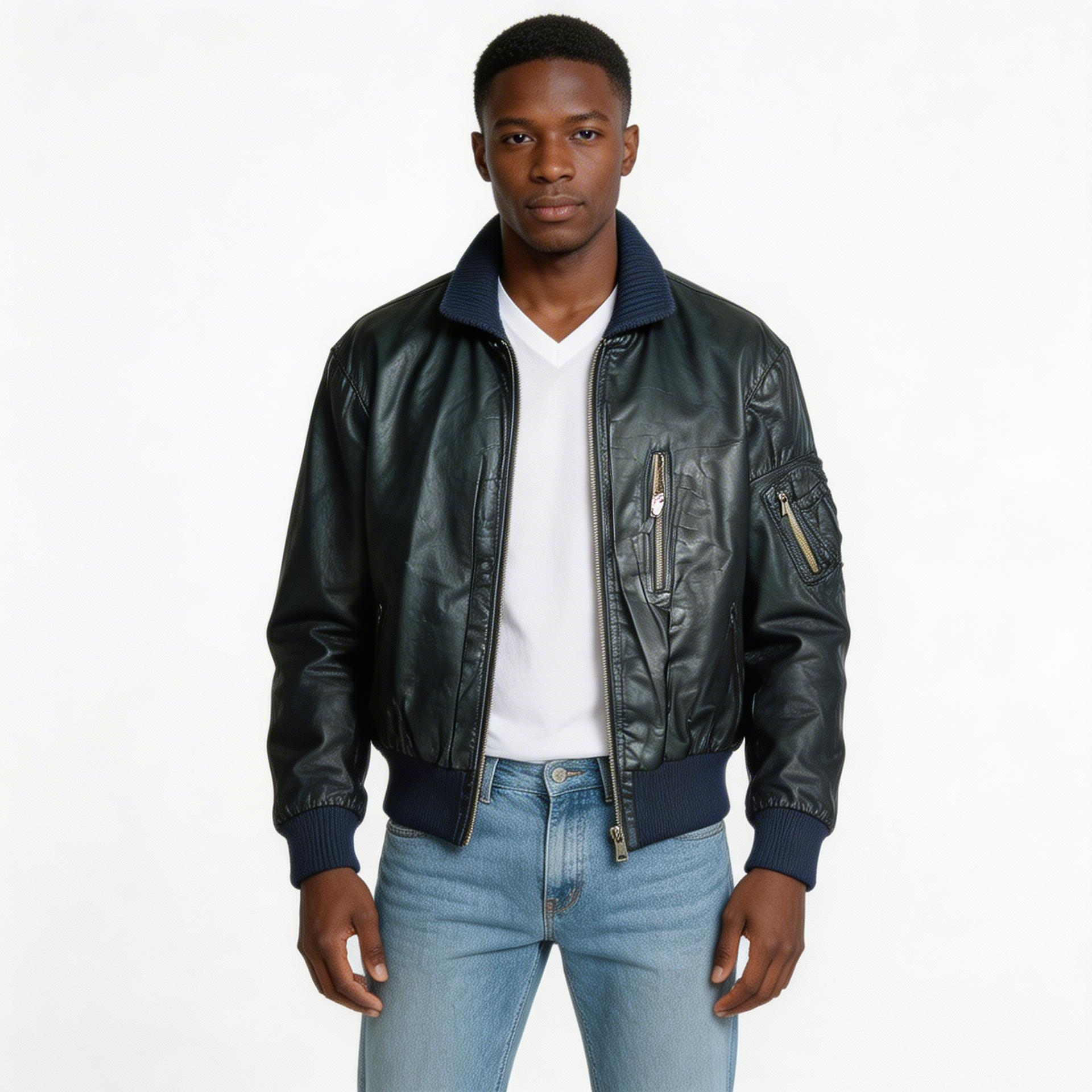 Blue calf leather jacket.
