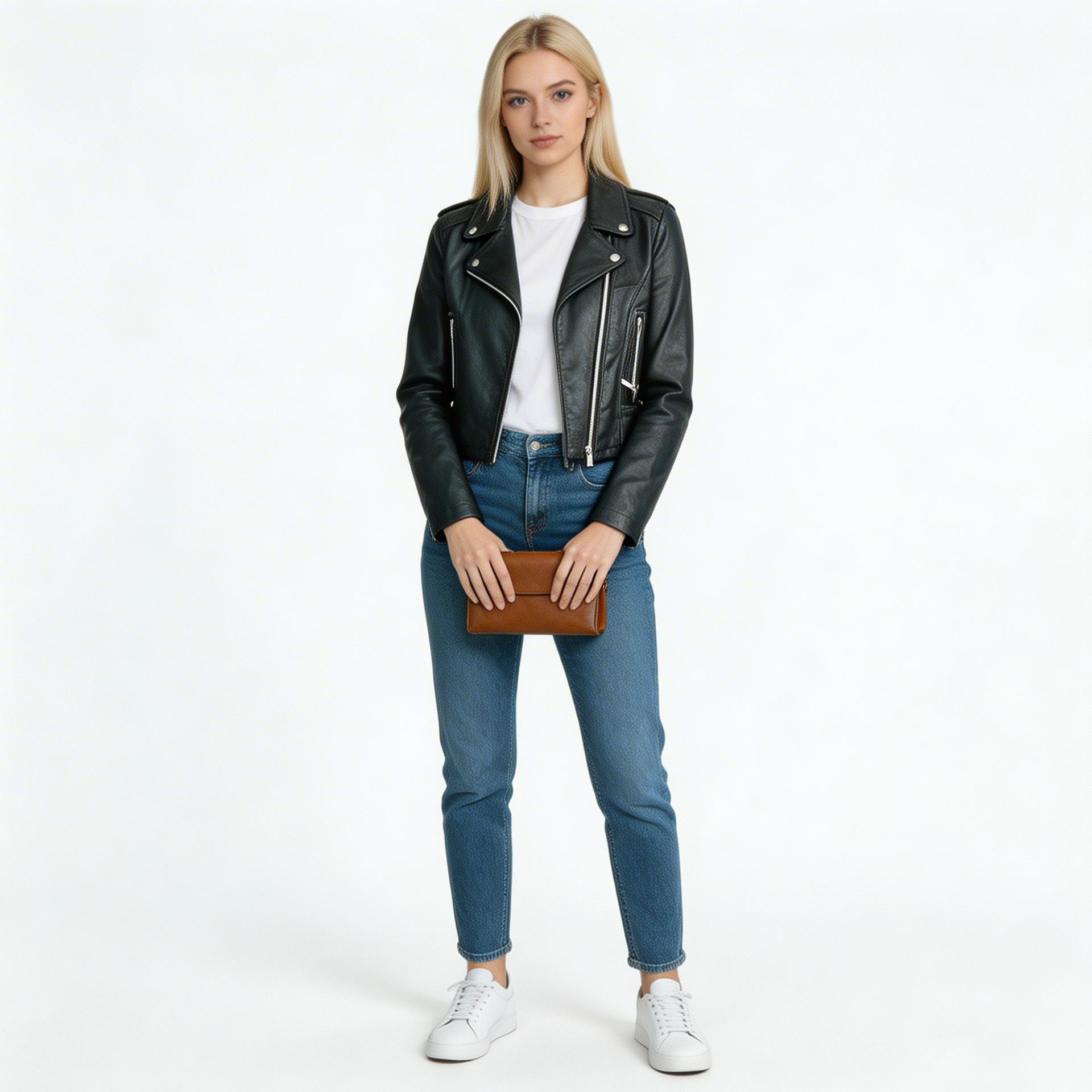 Ladies black leather jacket.