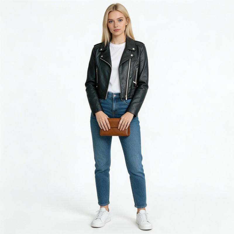 Ladies black leather jacket.