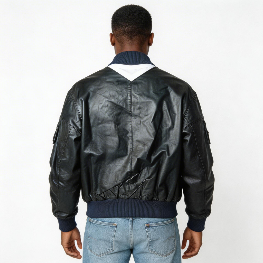 Blue calf leather jacket.