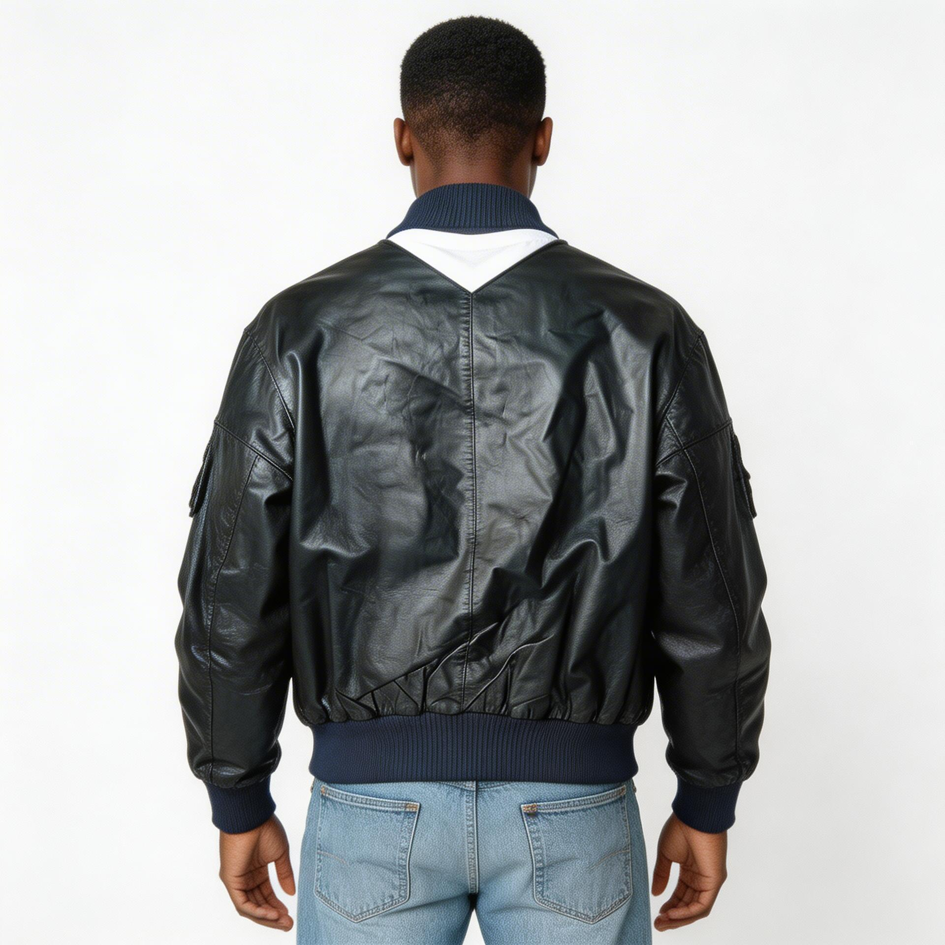 Blue calf leather jacket.