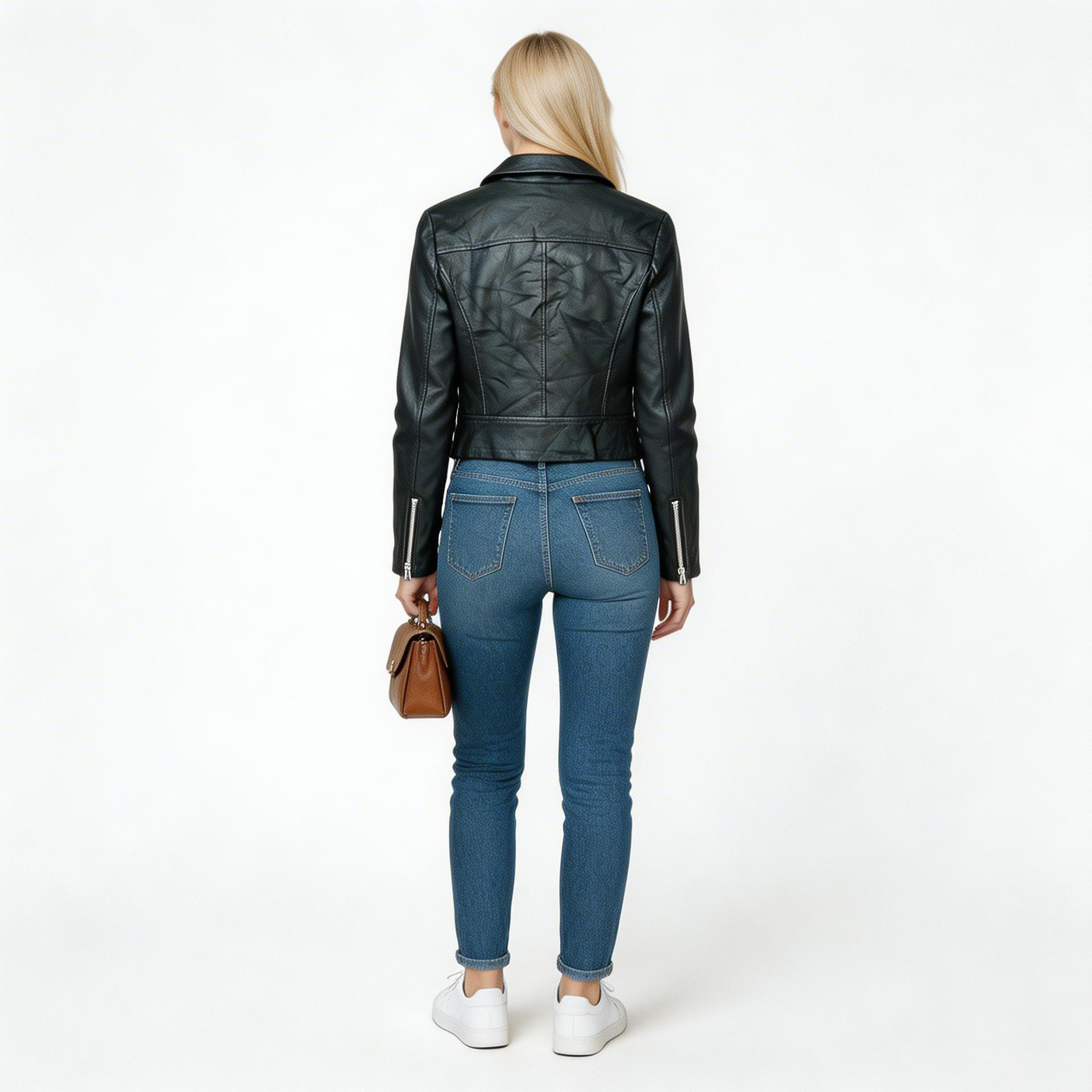 Ladies black leather jacket.