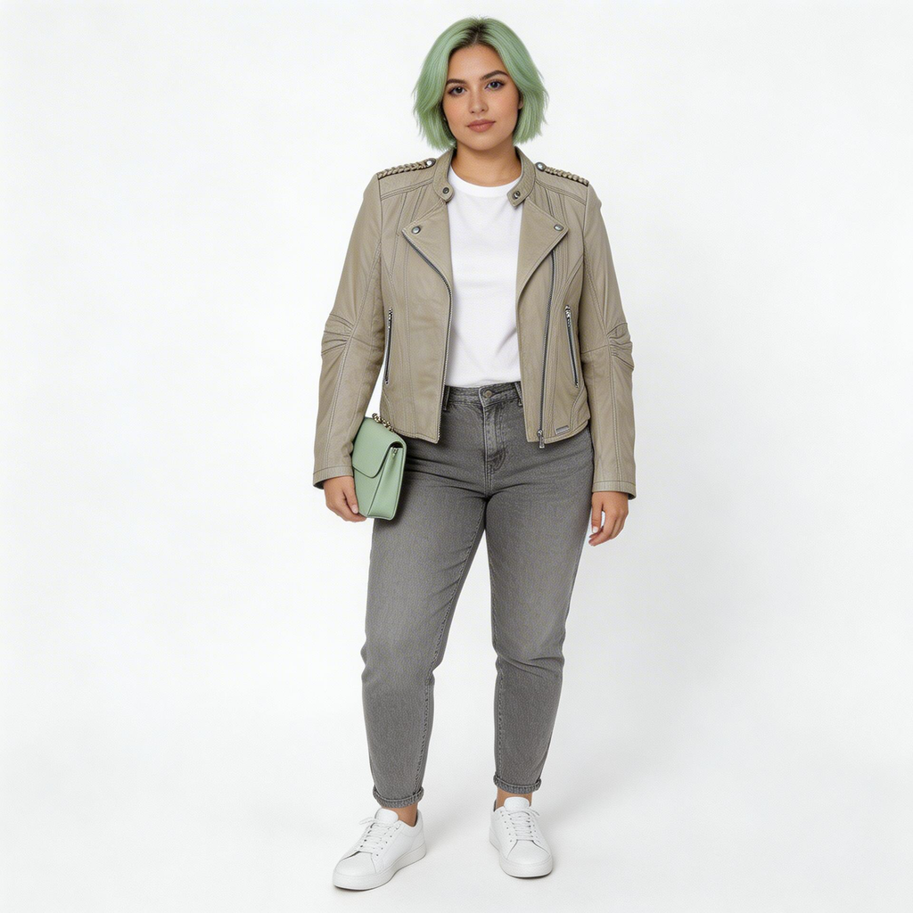 Ladies Faded green leather jacket.