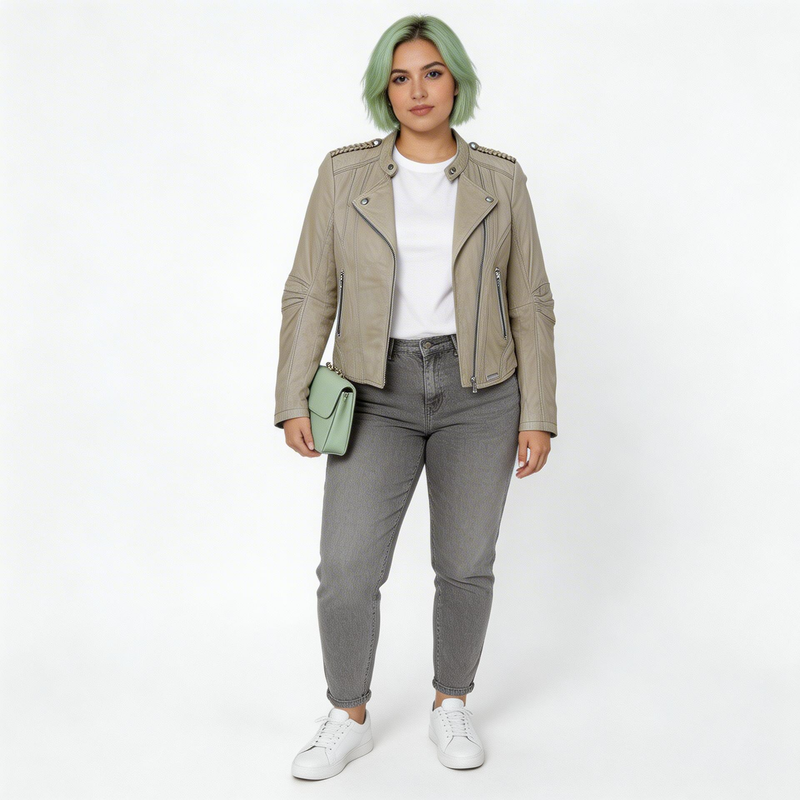Ladies Faded green leather jacket.