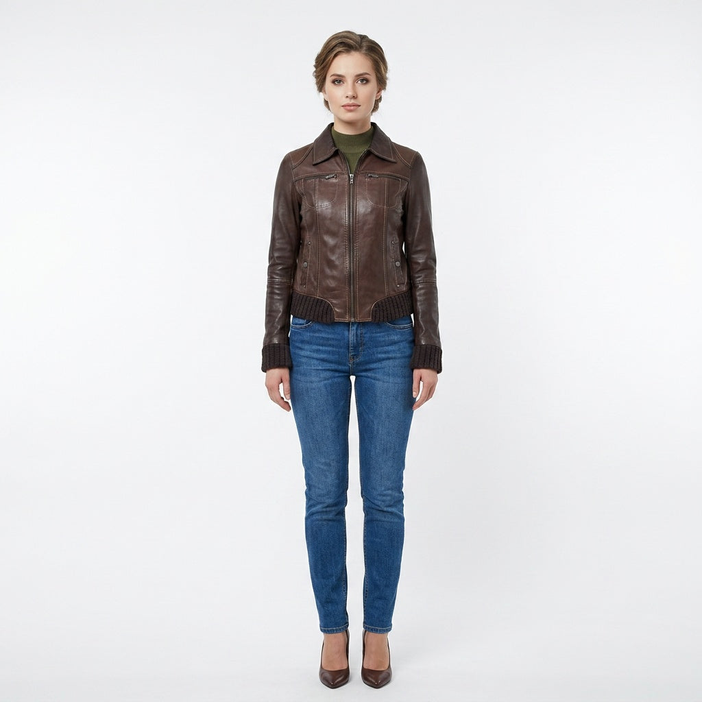 Ladies brown leather jacket.