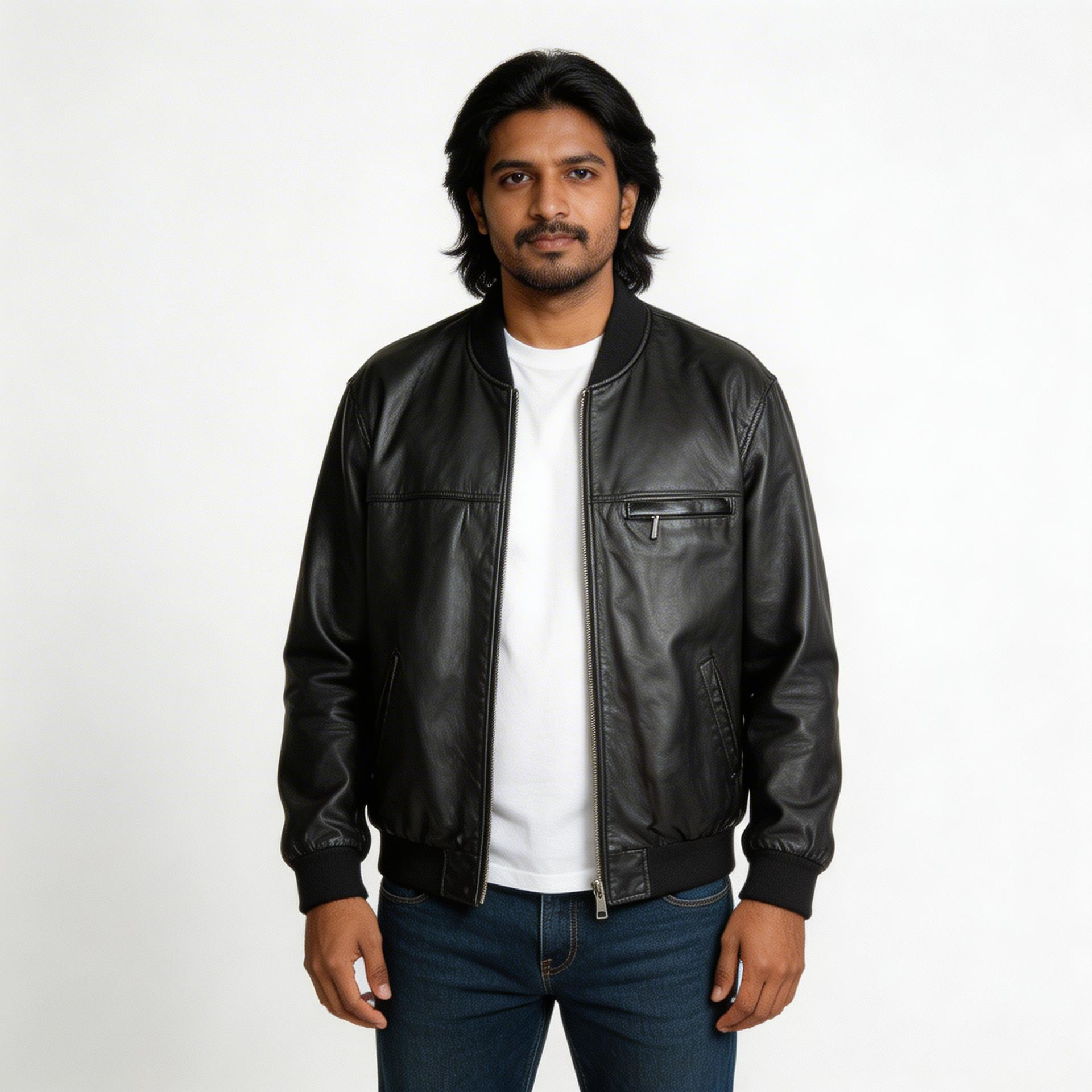 Black calf leather jacket.