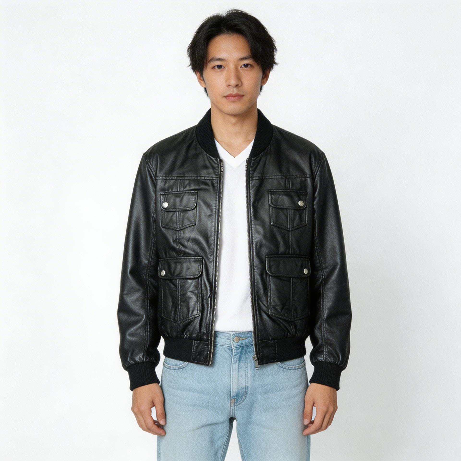 Black calf leather jacket.