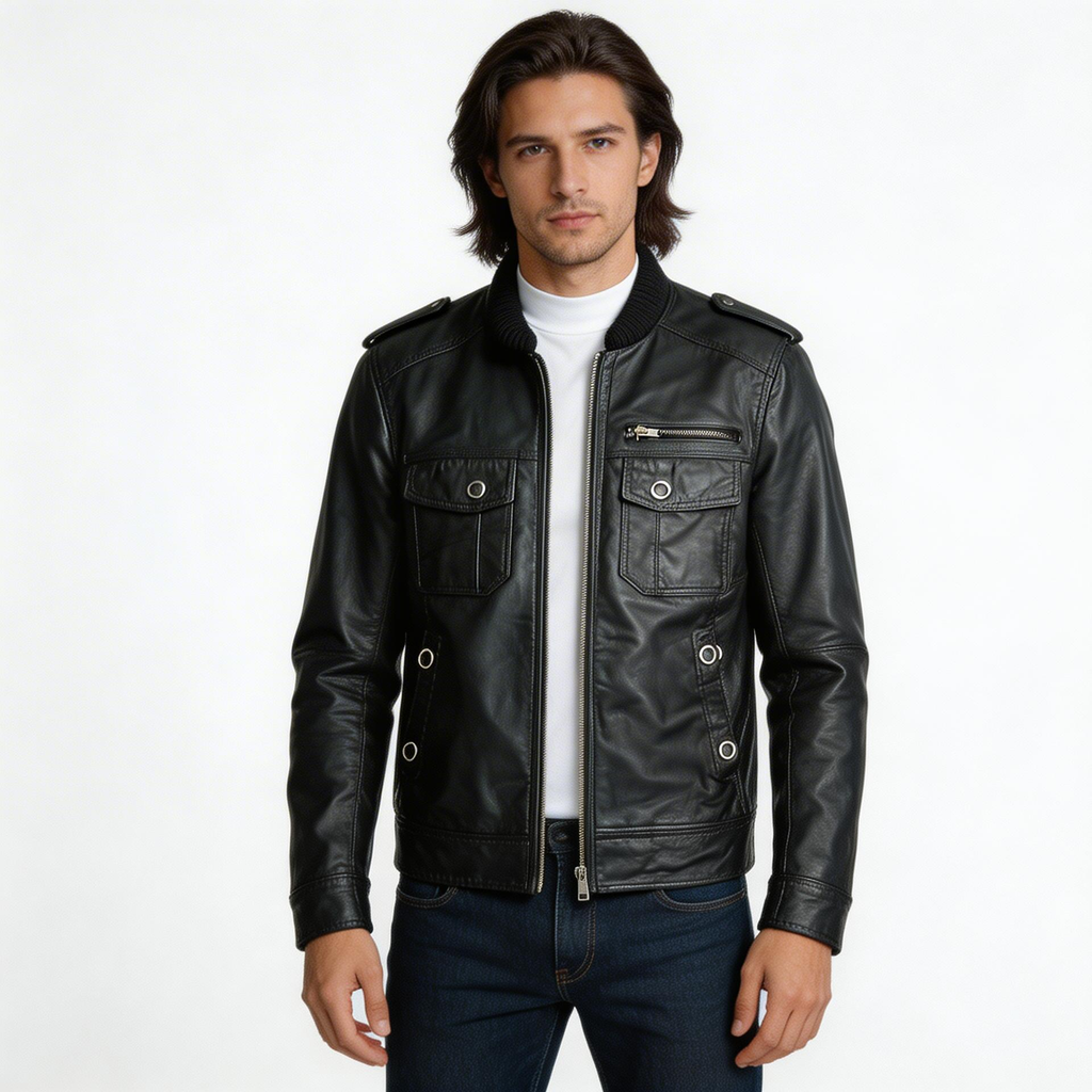 Black leather jacket.