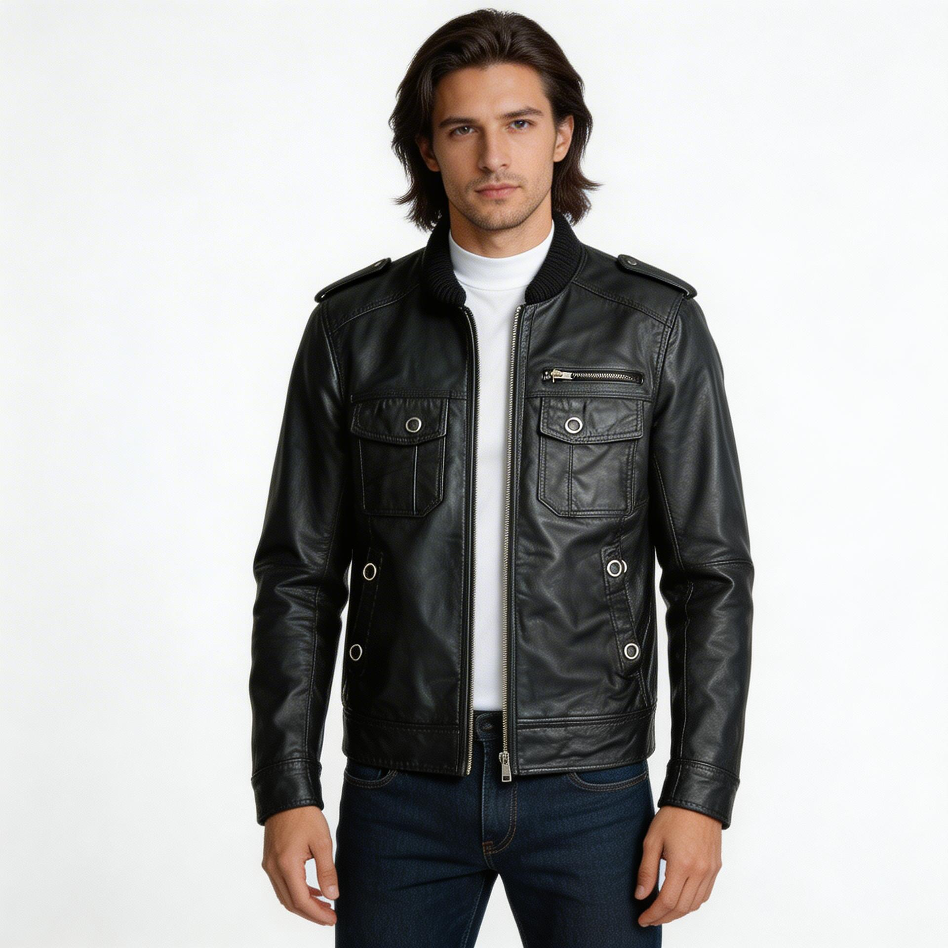 Black leather jacket.