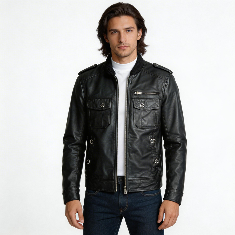 Black leather jacket.