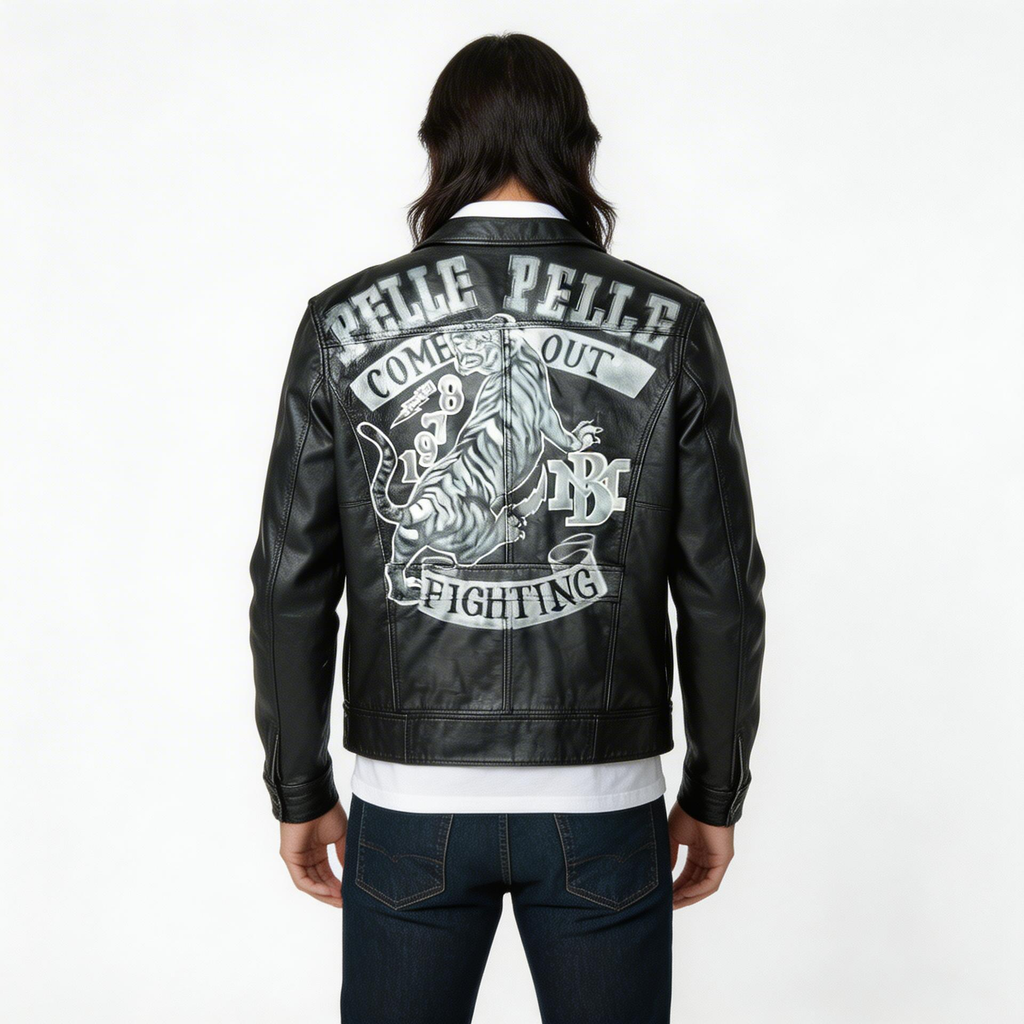 Black leather jacket.