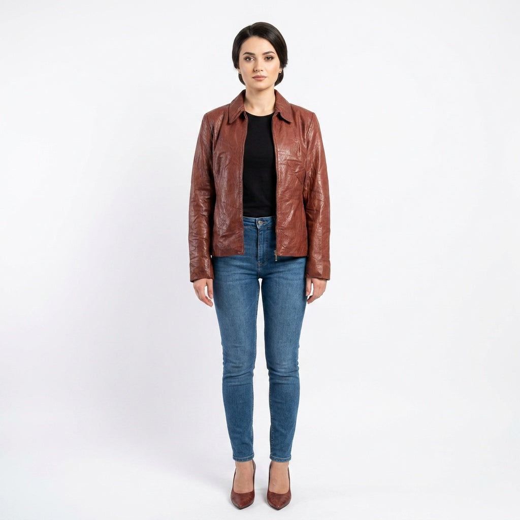 Ladies rusted red leather jacket.