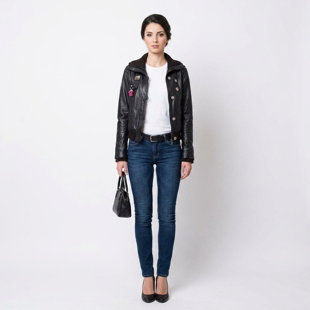 Ladies black leather jacket.