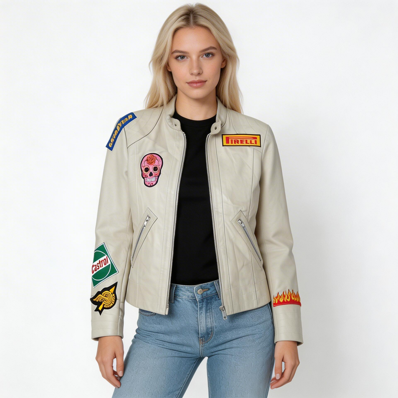 Ladies cream white leather jacket.