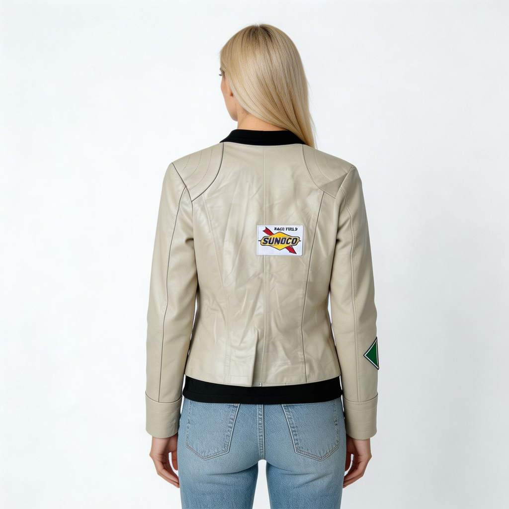 Ladies cream white leather jacket.