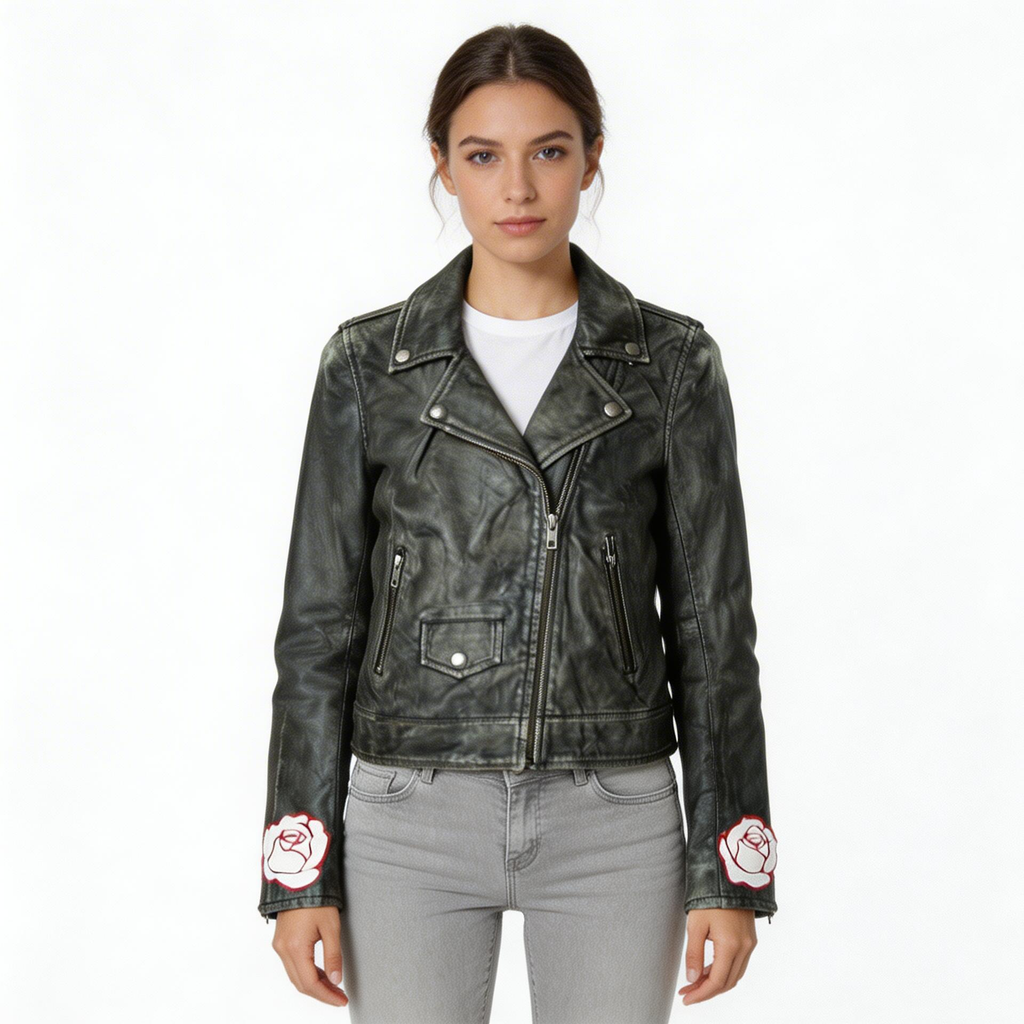 Ladies black charcoal leather jacket.