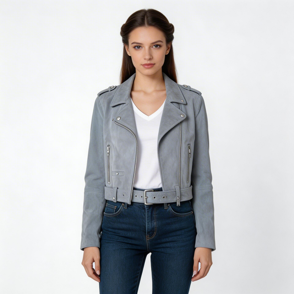 Grey leather jacket.
