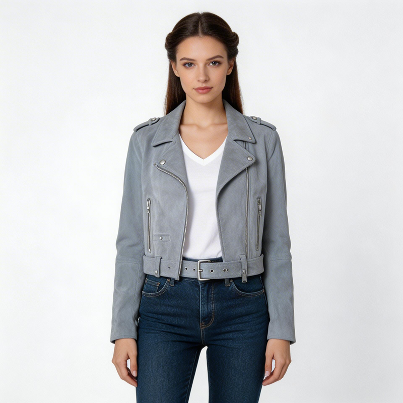 Grey leather jacket.