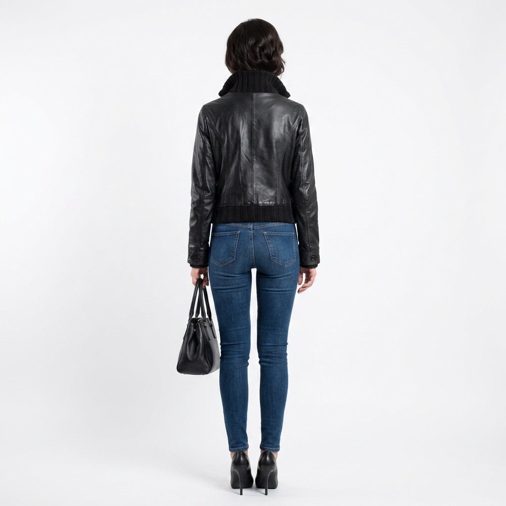 Ladies black leather jacket.