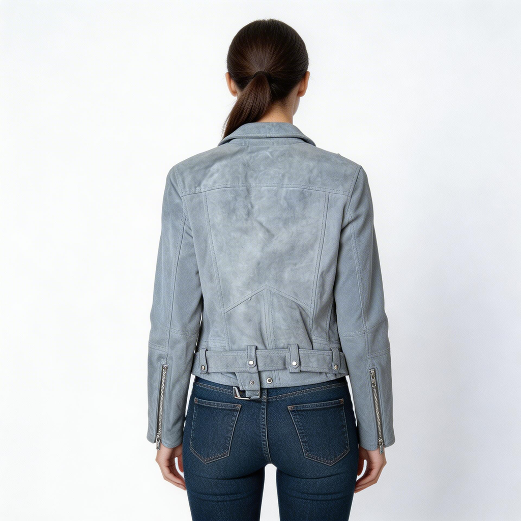 Grey leather jacket.