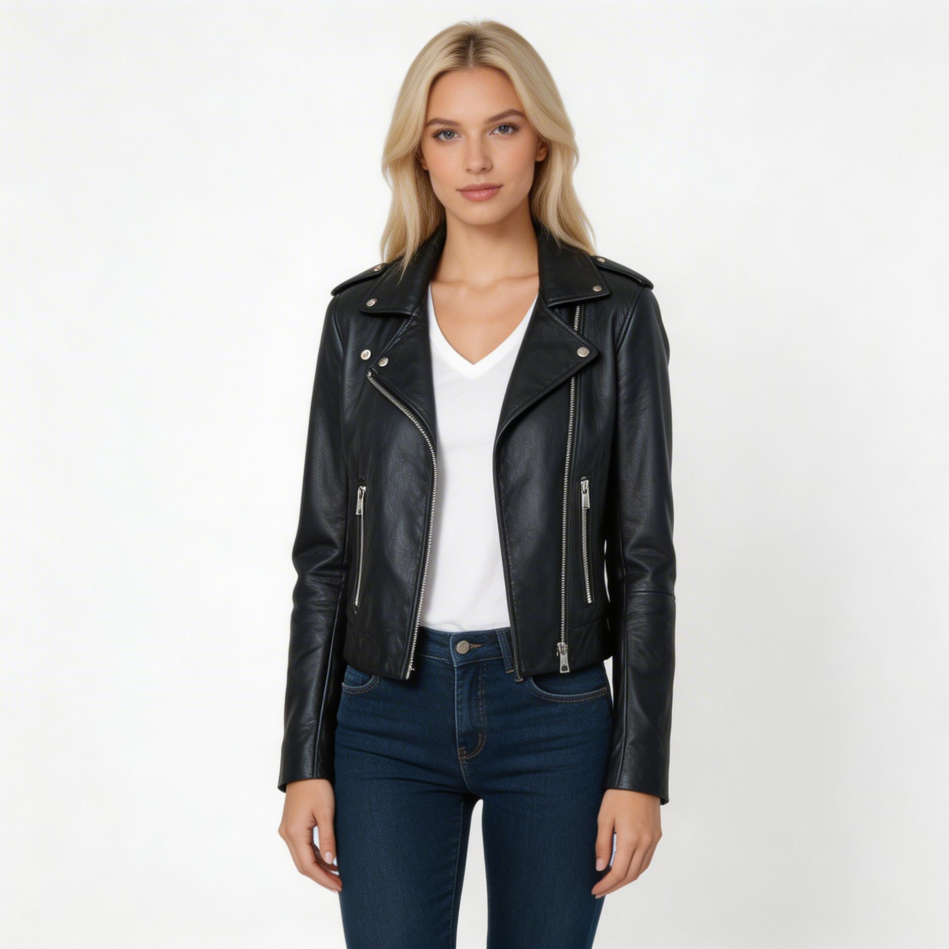 Black lambskin leather jacket.