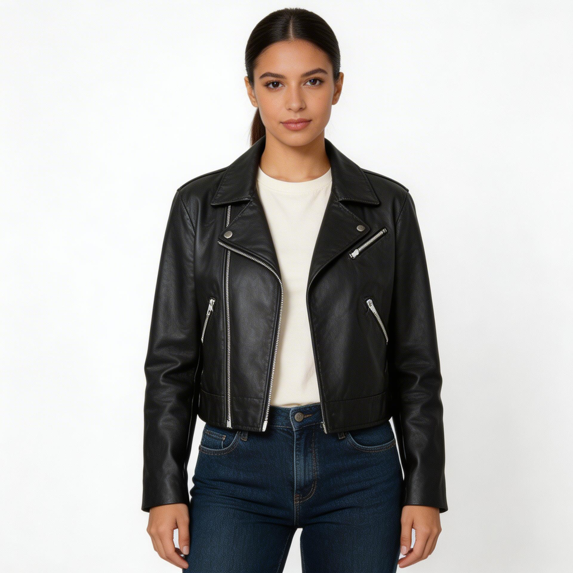 Black calf leather jacket.