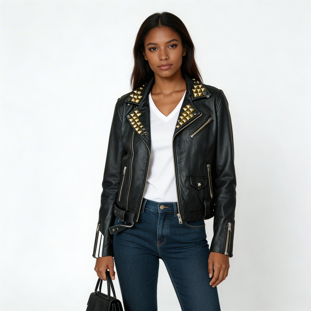 Ladies black leather jacket.