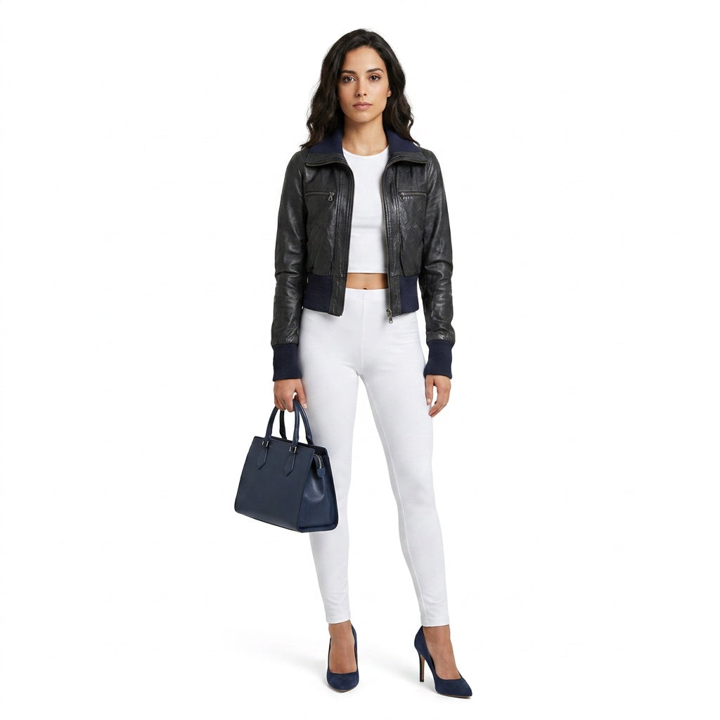 Ladies navy blue leather jacket.