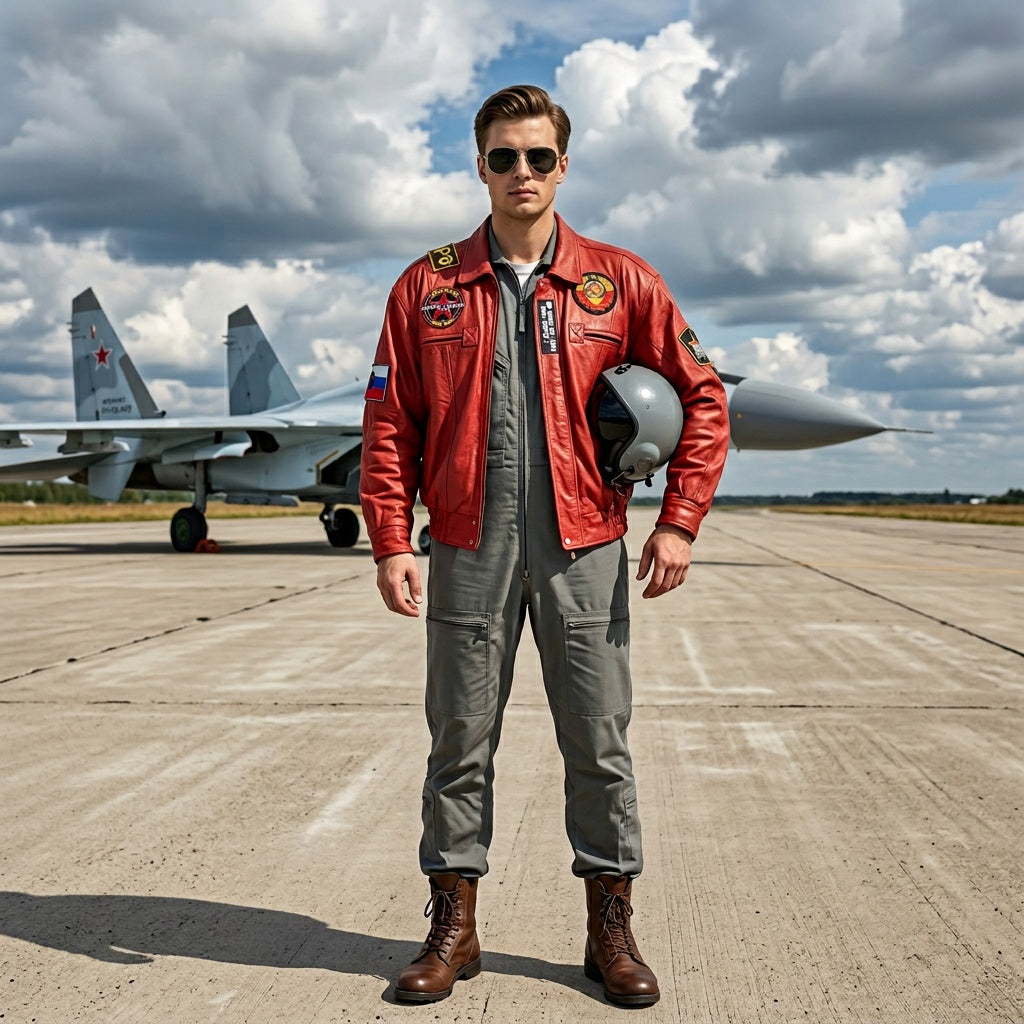 Red unisex leather jacket.