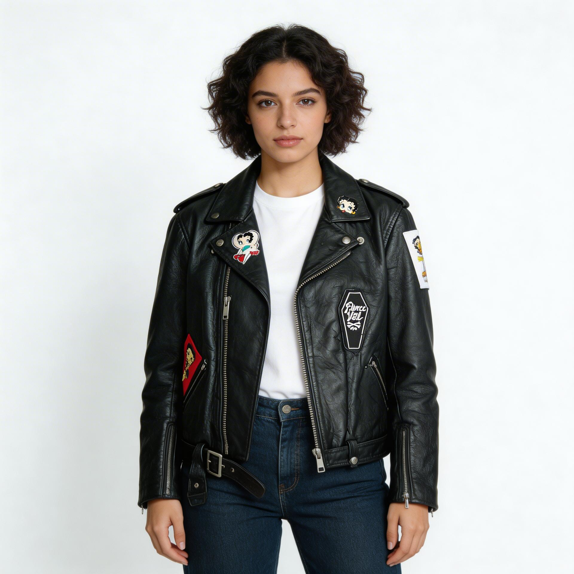 Ladies black leather jacket.