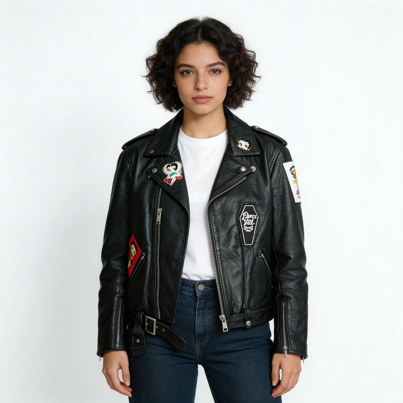 Ladies black leather jacket.
