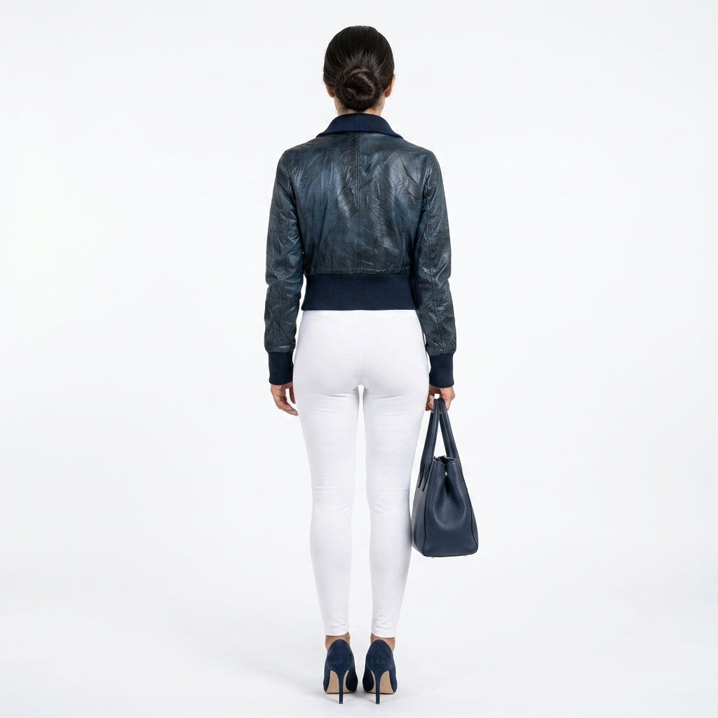 Ladies navy blue leather jacket.