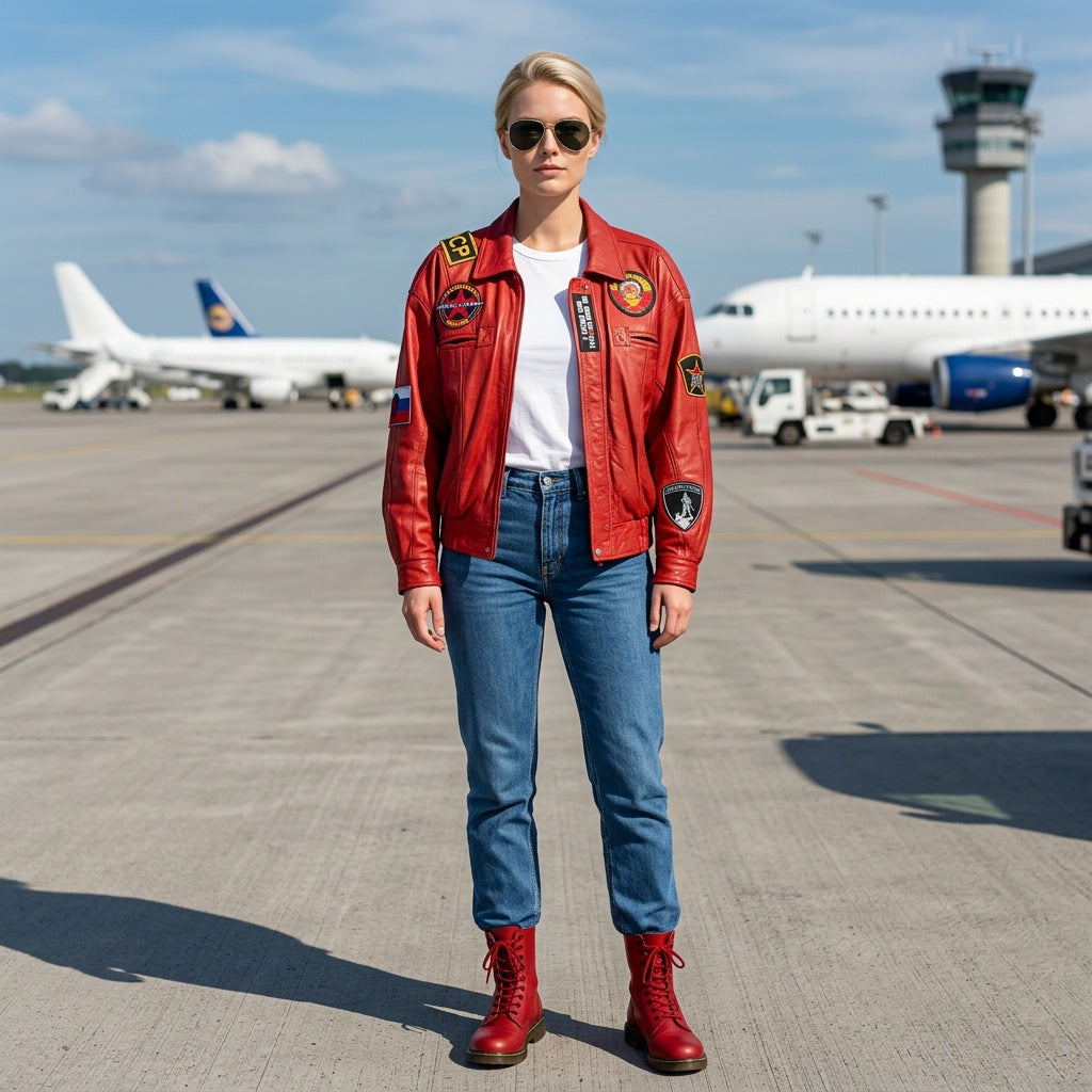 Red unisex leather jacket.