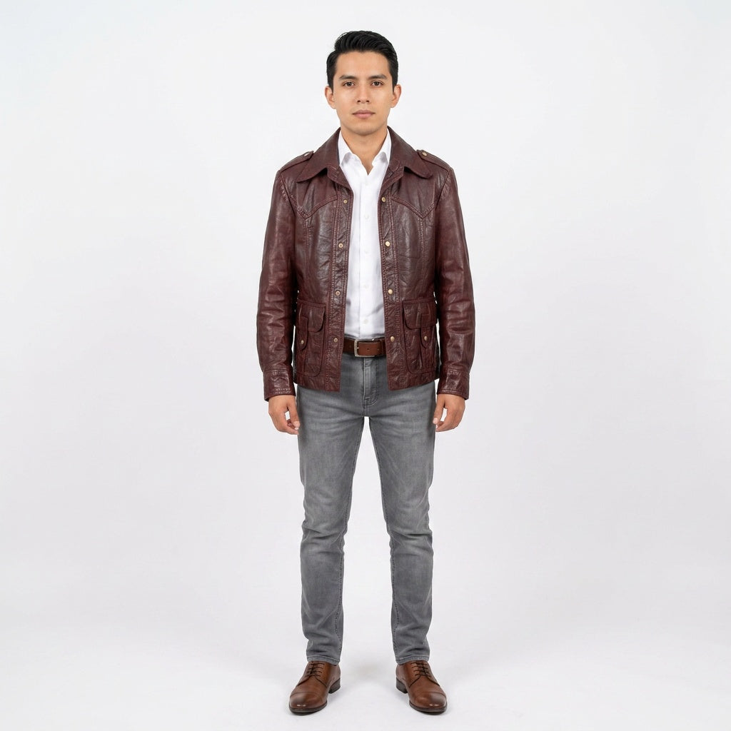 Burgundy leather jacket for man.