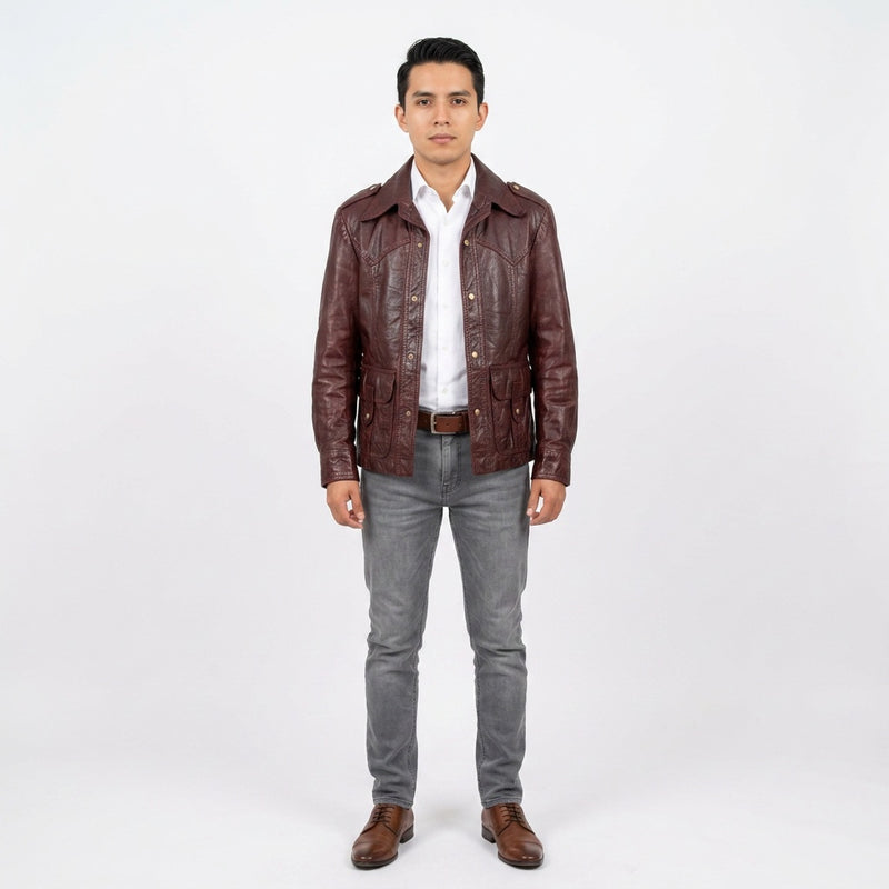 Burgundy leather jacket for man.